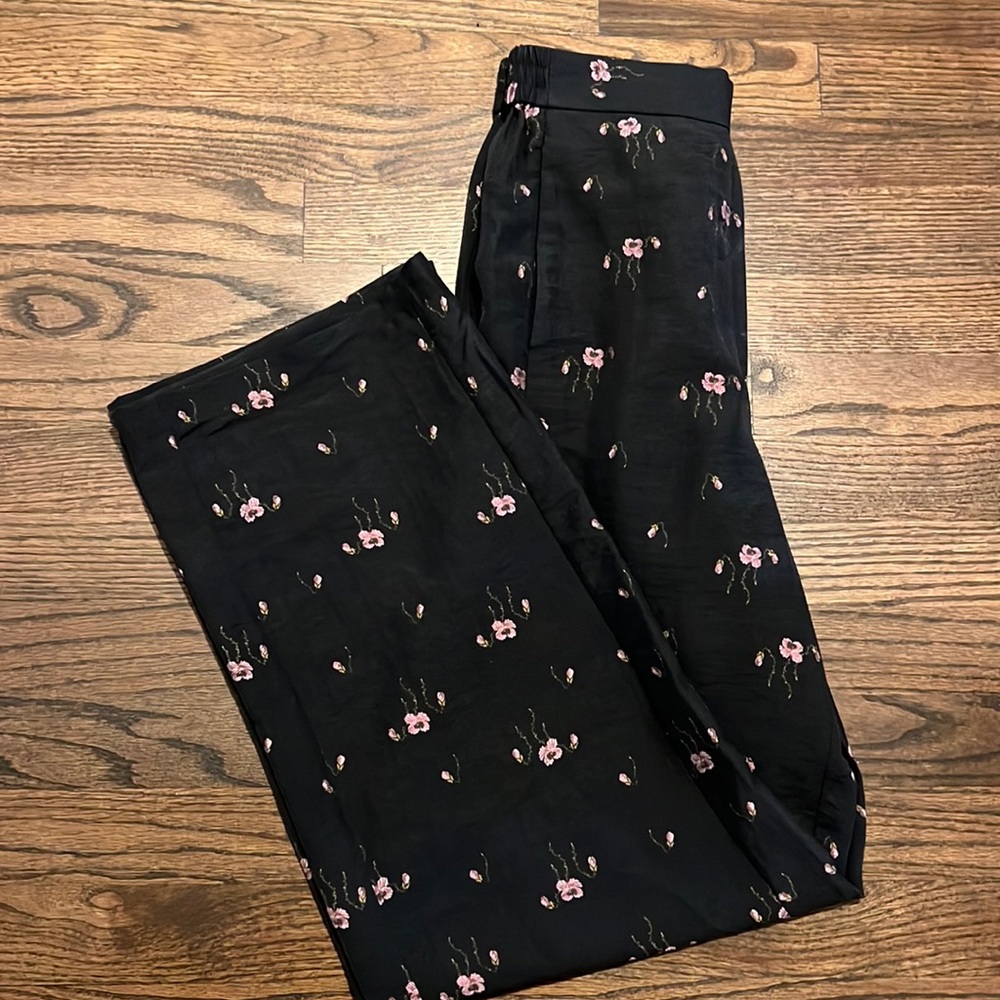 & Other Stories Black & Purple Floral Print Wide Leg Elastic Waist Pants